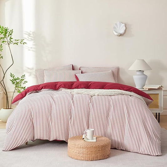 Comforter Set King Size Brick Red Striped Soft Luxury Washed Microfiber Jacquard 3 Pieces White Brick Red Vertical Ticking Stripes Pattern Comforter with 2 Pillowcases Breathable Durable Comfy