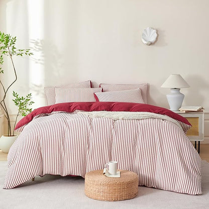 Striped Comforter Queen Brick Red Soft Luxury Washed Microfiber Jacquard 3 Pieces Bedding, White Brick Red Vertical Ticking Stripes Pattern Comforter with 2 Pillowcases Breathable Durable Comfy