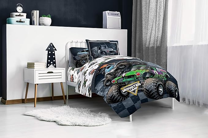 Jay Franco Monster Jam Slash 5 Piece Twin Bed Set - Includes Reversible Comforter&Sheet Set-Bed Set Features Grave Digger&Megalodon-Super Soft Fade Resistant Microfiber