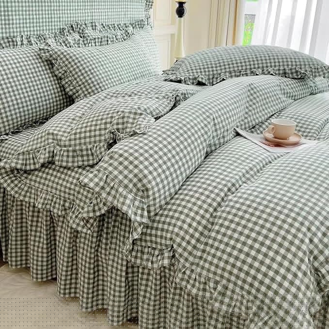 LifeTB Green Gingham Comforter Set King 3 Pieces Ruffle Plaid Comforter Set Chic Grid Bed Comforter with 2 Pillowcases Fluffy Soft Checkered Pattern Comforter Gingham Bedding Comforter King