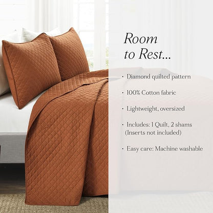 Lush Decor Ava Quilt Diamond Pattern Solid 3 Piece Oversized Bedding Blanket Bedspread Set - King - Rust