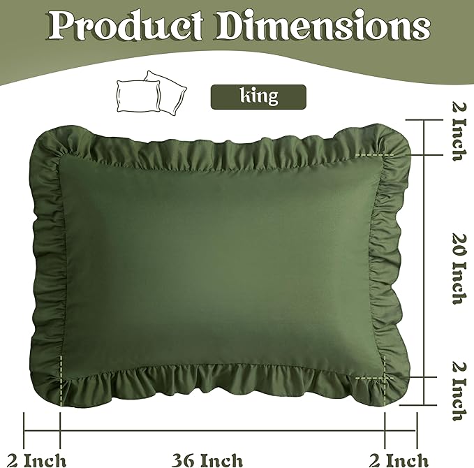 KKJIAF Ruffle Pillow Cases King Size Set of 2, Ruffled Pillow Covers with Envelope Closure, Wrinkle Resistant Pillowcases 20" x 36", Ruffled Pillow Shams, Olive Green