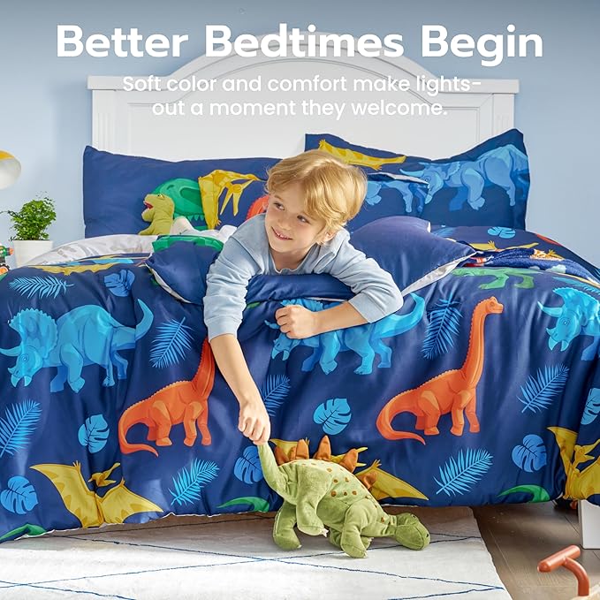 Joiedomi Kid Full Comforter Set 7 Piece Dinosaur Bedding Set for Boys Girls Super Soft Microfiber Bed in a Bag with Comforter Sheets Pillowcase Sham