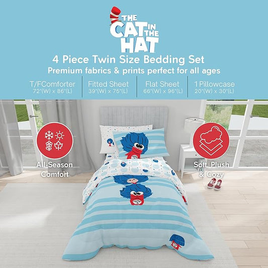 Dr Seuss The Cat in The Hat Movie Bedding Set, Twin Size 4 Piece Kids Super Soft Cozy Reversible Comforter and Sheet Set, Thing 1, Thing 2, Thing 3 (Officially Licensed Product) By Franco | Durable, Reversible, Officially Licensed
