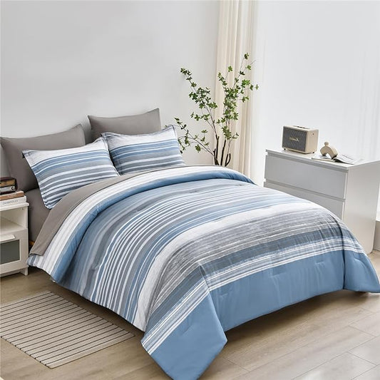 KAKIJUMN 7 Piece Bed in a Bag Stripe Comforter Set Queen Size, White Grey Blue Patchwork Striped Comforter and Sheet Set, All Season Soft Microfiber Complete Bedding Set(Light Blue,Queen)
