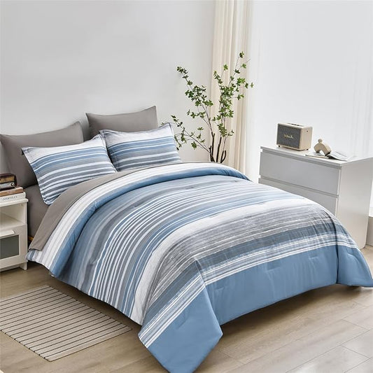KAKIJUMN 7 Piece Bed in a Bag Stripe Comforter Set Full Size, White Grey Blue Striped Comforter and Sheet Set, All Season Soft Microfiber Complete Bedding Set(Light Blue,Full)
