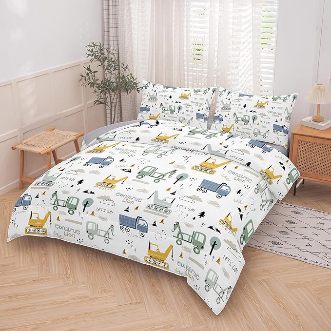 NINENINE Boys Construction Bedding Set Full, 3-Piece Kids Comforter Set for Boys, Soft Lightweight Microfiber Kids Excavator Comforter Set with 2 Pillowcases