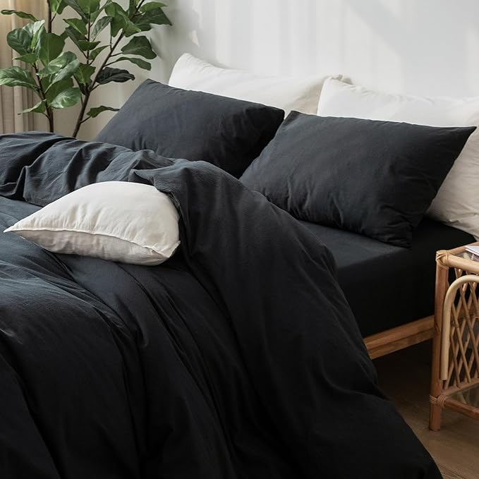 MooMee Bedding Pillowcases Pack of 2 100% Washed Cotton Linen Like Textured Breathable Durable Soft Comfy (Solid Black, King)