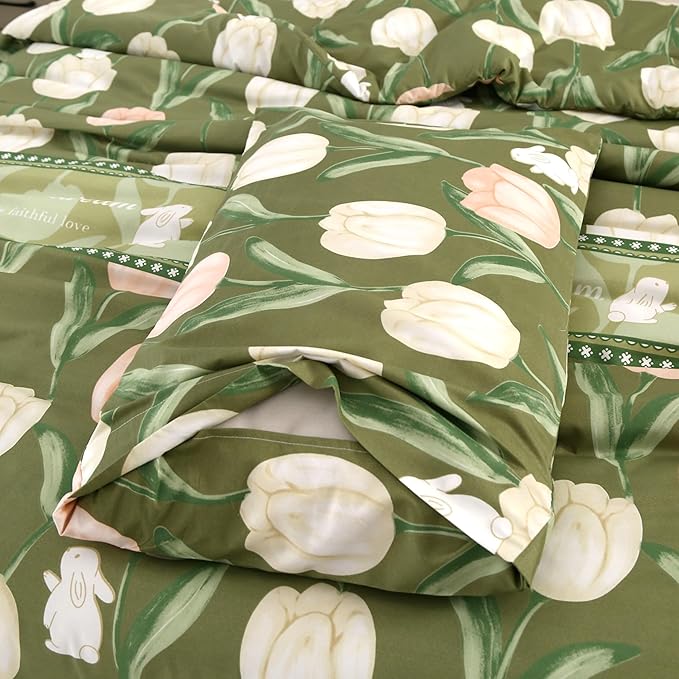 SDIII Rabbit and Green Floral Comforter Set Full 3 Pieces, Soft Microfiber Green Floral Comforter Full Size, Botanical Bedding Set All Season
