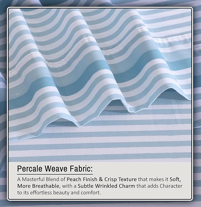 RUVANTI 100% Organic Cotton Sheets California King, Percale Weave, GOTS Certified, 4-Piece Set, Deep Pocket 13", Crisp & Breathable, Soft Durable Bedding, Sábanas Algodón Orgánico – Nautical Stripes