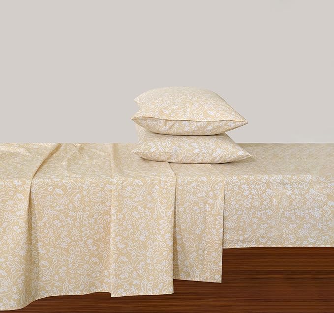 Feather & Stitch Softest 100% Cotton Sheets, 300 Thread Count Percale Weave Bedding, 16" Deep Pocket, Cooling Sheets, Breathable Bed Set, Hotel Premium Quality (Queen, Twilight Bloom Beige)