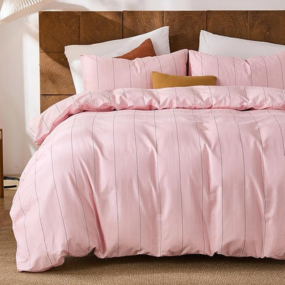 Merryword Pink Striped Duvet Cover Set Queen Size - 100% Cotton Bedding Set with Wide Zipper & 8 Corner Ties, Soft Breathable Bedding Set Elegant Pastel Comforter Cover for All Seasons