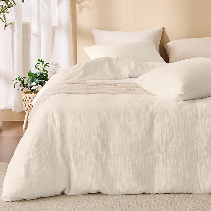 Ivory White Duvet Cover King, 100% Sandwashed Cotton Soft King Size Duvet Cover Set 3 Pieces with Zipper Clousre & Corner Buttons (Ivory White, King 104 x 90)