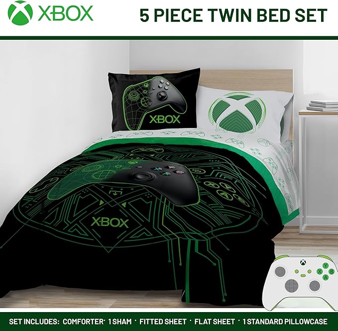 Jay Franco Kids Comforter Set Includes Sheets and Pillow Covers - Soft and Cozy Bed Set for Stylish Room Decor, Official Licensed Product, White - Xbox, 5 Piece Twin