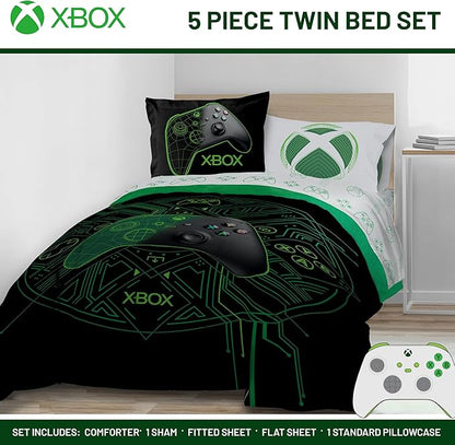 Jay Franco Kids Comforter Set Includes Sheets and Pillow Covers - Soft and Cozy Bed Set for Stylish Room Decor, Official Licensed Product, White - Xbox, 5 Piece Twin