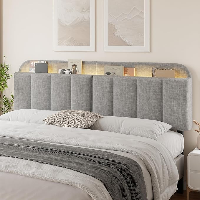 Headboard for King/California King Size Bed, Upholstered Bed HeadBoard with Storage, Linen Fabric Head Board with Vertical Channel Design, Height Adjustable, Easy to Assemble, Light Grey