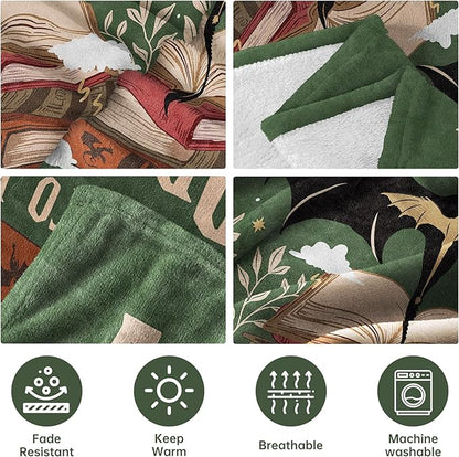 Fantasy Book Lovers Gifts, Bookish Gifts for Woman Men- Gragon Lovers Blanket, Functional Reading Gifts for Readers, Librarian, Book Nerd, Bookworm, Bookish Dragon Throw Blanket 60" x 50"
