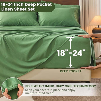 Bedlifes 100% French Flax Linen Sheets Set King Size - 6 Piece Extra Deep Pocket 18-24",Soft Breathable King Bed Sheets with Temperature Regulating & Moisture-Wicking(Sage Green