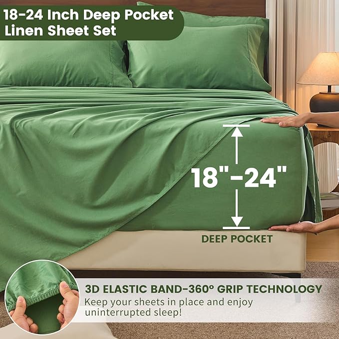 Bedlifes 100% French Flax Linen Sheets Set Queen Size - 6 Piece Extra Deep Pocket 18-24",Soft Breathable Queen Bed Sheets with Temperature Regulating & Moisture-Wicking(Sage Green
