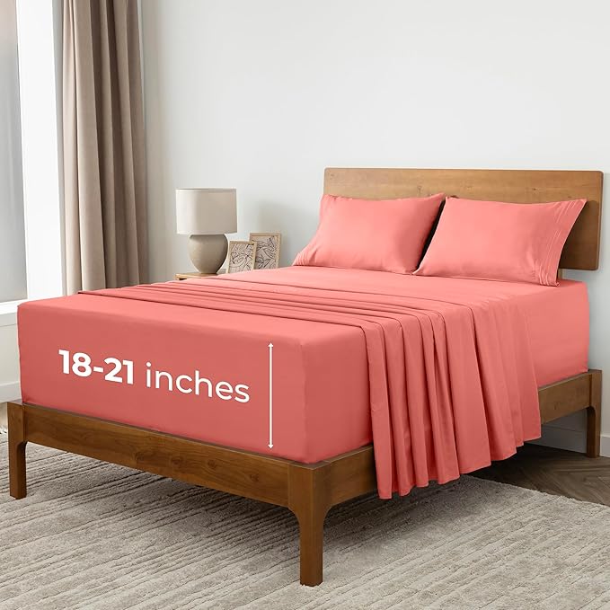 Mellanni Extra Deep Queen Sheets - 4 PC Iconic Collection Bedding - Hotel Luxury, Ultra Soft, Cooling Bed Sheets - Wrinkle, Fade, Stain Resistant (Queen, Coral)