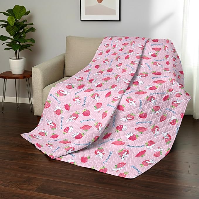 Northwest Sanrio Cinnamoroll Reversible Quilted Throw, Kawaii Strawberry Polkadot Pattern, Comfy Throw for Anime Fans, Game Room, Chair or Couch, 60 x 80 Inches