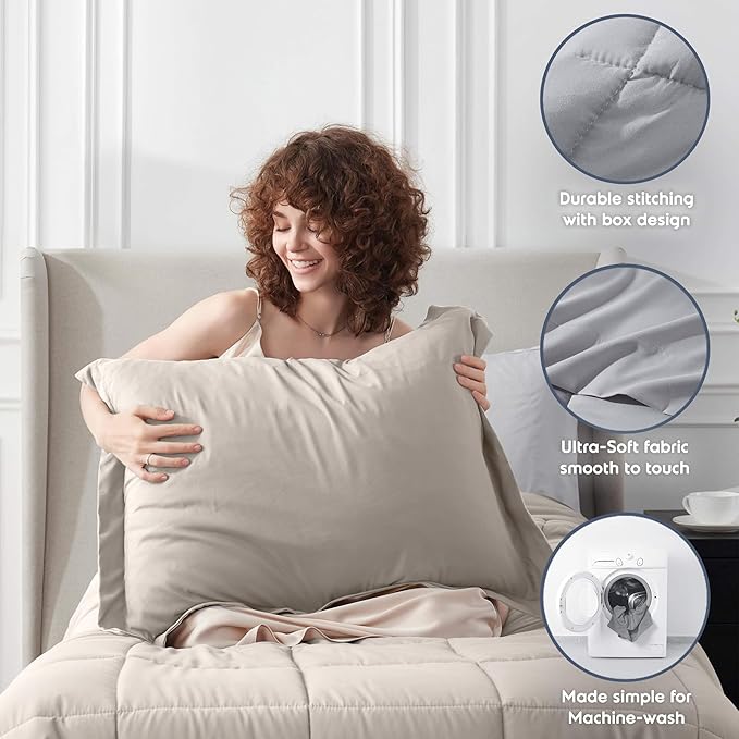 Nestl 5 Piece Twin Comforter Set – Beige Reversible Bed in a Bag – Complete Twin Size Bedding Set with Sheets, Pillowcase and Sham