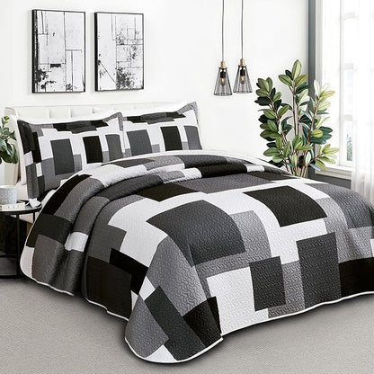3 Piece Black Grey Quilt Set California King Size Black White Geometric Reversible Bedding Set Microfiber Lightweight Bedspread Coverlet with 2 Sham Modern Bed Covers for All Season, 118''x106''