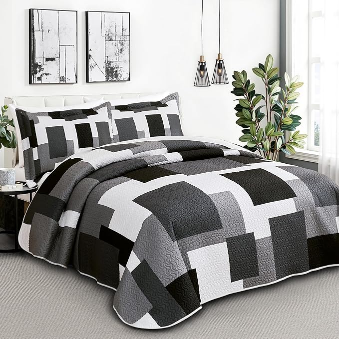 2 Piece Black Grey Quilt Set Twin Size Black White Gray Geometric Reversible Bedding Set Microfiber Lightweight Bedspread Coverlet with 1 Sham Modern Bed Covers for All Season, 68''x86''