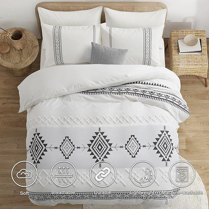 Oli Anderson Boho Duvet Cover Set Queen Size, Black and White Color Clash 3 PCS Microfiber Bedding Set, Durable and Super Soft Duvet Covers with Zipper and Ties, 90"*90"
