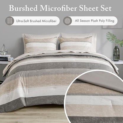 Madison Park Essentials Queen Comforter Set, Bed in A Bag Comforter & Sheet Set, Modern Casual Stripes Print, All Seasons, Soft Microfiber Bedding Makeover, Matching Shams, Queen Taupe/Grey 7 Piece