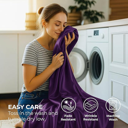 Satin Sheets King [4-Piece, Purple] Hotel Luxury Silky Bed Sheets - Extra Soft 1800 Microfiber Sheet Set, Wrinkle, Fade, Stain Resistant - Deep Pocket Fitted Sheet, Flat Sheet, Pillow Cases