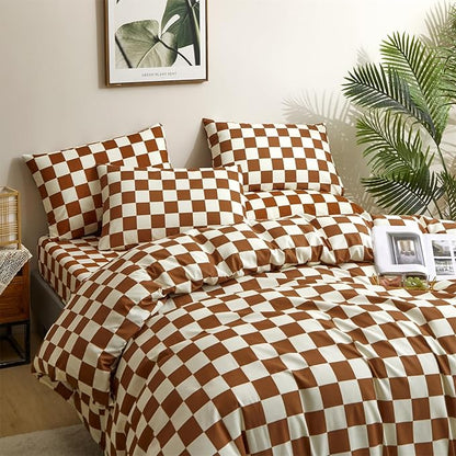 Houseri Brown Plaid Comforter Set Twin Size White and Camel Grid Bedding Comforters Twin Boys Girls Kids Modern Pumpkin Checkerboard Dorm Bed Comforter Preppy Buffalo Checkered Twin Comforter Sets