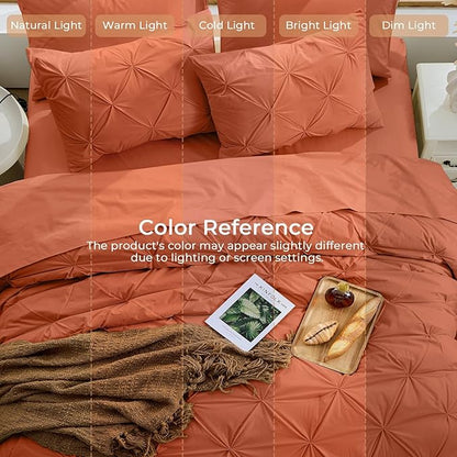 Sasttie California King Comforter Set, 7-Piece Bed in a Bag, Pintuck Bedding Sets for All Season, Includes Comforter, Flat Sheet, Fitted Sheet, Pillowcases and Pillowshams, Burnt Orange