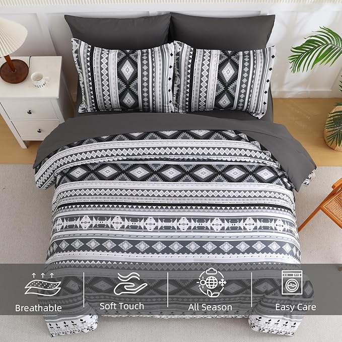 Dinjoy King Size Comforter Set Boho,Dark Gray Bedding Set Stripes 7 Pieces Bed in A Bag Aztec Comforters Black Complete Set Mens Western Bed Sets for Fall Winter 90"×104"