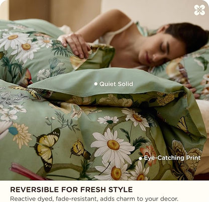 Bedsure Floral Duvet Cover King Size - 100% Cotton Reversible Flowers and Birds Pattern Duvet Cover Set, 3 Pieces Soft & Breathable PureWoven Bedding Set with 2 Pillow Shams (Green Garden, 104"x90")