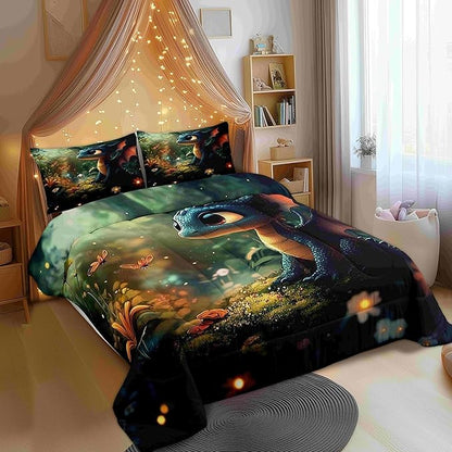Castle Fairy Cute Dragon Bedding Set for Boys Girls,Kawaii Flower Animals All Season Cozy Comforter Set Full Size,Mysterious Wild Animals Duvet Set Bedroom Decor,Festival Gifts
