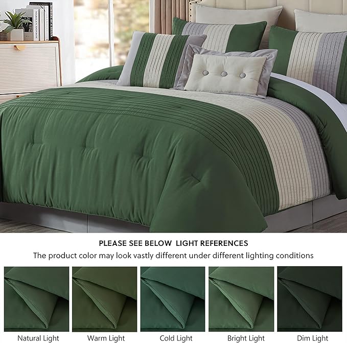 Chezmoi Collection Loft 8-Piece California King Comforter Set, Forest Green/Gray/Cream Luxury Striped Bedding for All Season