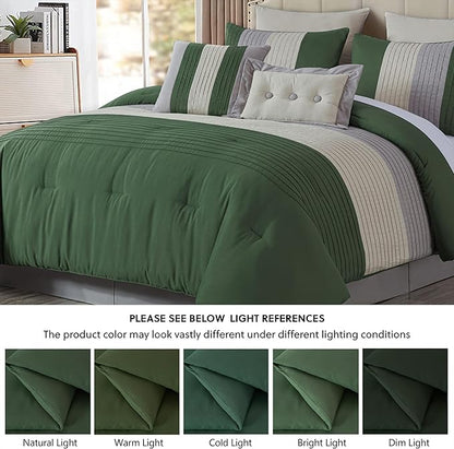 Chezmoi Collection Loft 8-Piece California King Comforter Set, Forest Green/Gray/Cream Luxury Striped Bedding for All Season