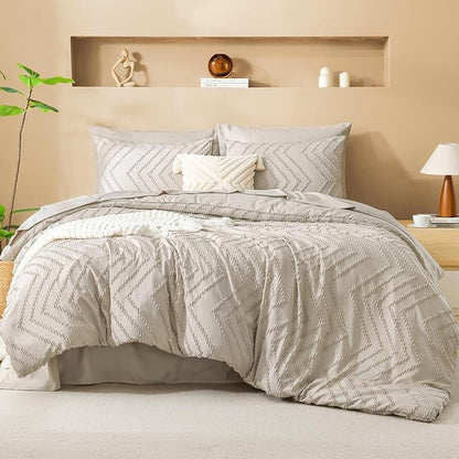 Litanika King Size Comforter Set with Sheets Beige - 7 Pieces Bed in a Bag King Chevron Tufted Boho Luxury Bedding Sets with Comforter, Sheets, Pillowcases & Shams