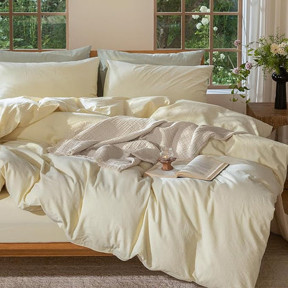 MooMee Bedding Duvet Cover Set 100% Washed Cotton Linen Like Textured Breathable Durable Soft Comfy (Solid Cream, Super Queen 90"x98")