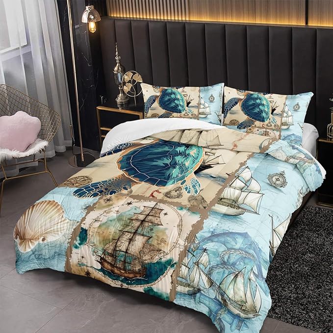 Sea Turtle Comforter Set Full Navigation Theme Bedding Sets 3PCS for Kids Teen Adult Sailboats Room Decor Ultra-Soft Lightweight Microfiber 1 Comforter with 2 Pillowcases