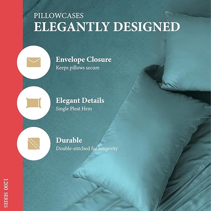 Ashton Sheets 100% Egyptian Cotton Sheets Queen Size - 1200 Thread Count Queen Size Sheets Set Egyptian Cotton, 4 PC Luxury Bedsheet (Teal), Soft, Cooling, 17" Deep Pocket Sateen Bedsheet Set