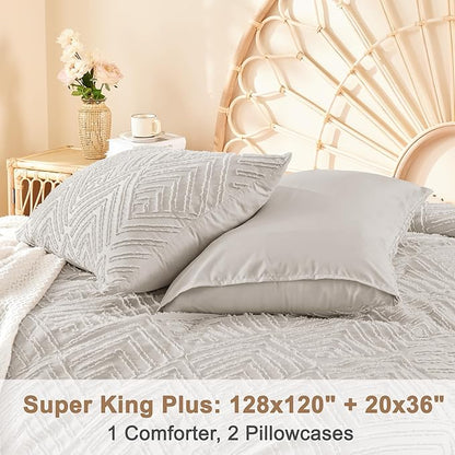 Litanika Super King Plus Comforter Linen Grey, 3 Pieces Tufted Boho Farmhouse Bedding Comforter Set, Lightweight Fluffy All Season Comforter Set (120x128In Comforter & 2 Pillowcases)