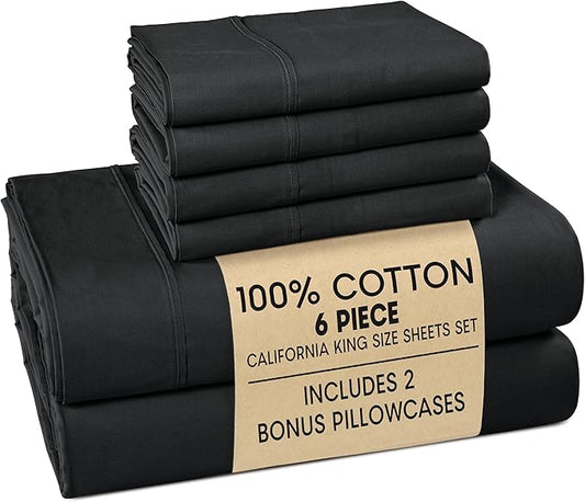 Casa Platino Sheets Cal King – 6 Piece Crisp Percale Weave Cal King Cooling Sheets with 15" Deep Pockets, Lightweight & Cool Feel for All Sleepers, Soft & Breathable for a Great Nights Sleep – Black