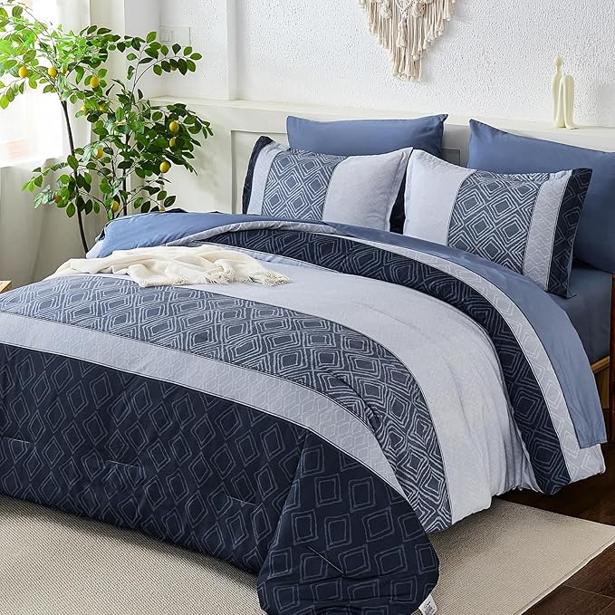 Dinjoy Blue King Size Comforter Set,Striped Boho Bed in a Bag King 7 Pieces Soft Fall Bedding Comforters Microfiber Mineral Blue Complete Sets for All Season