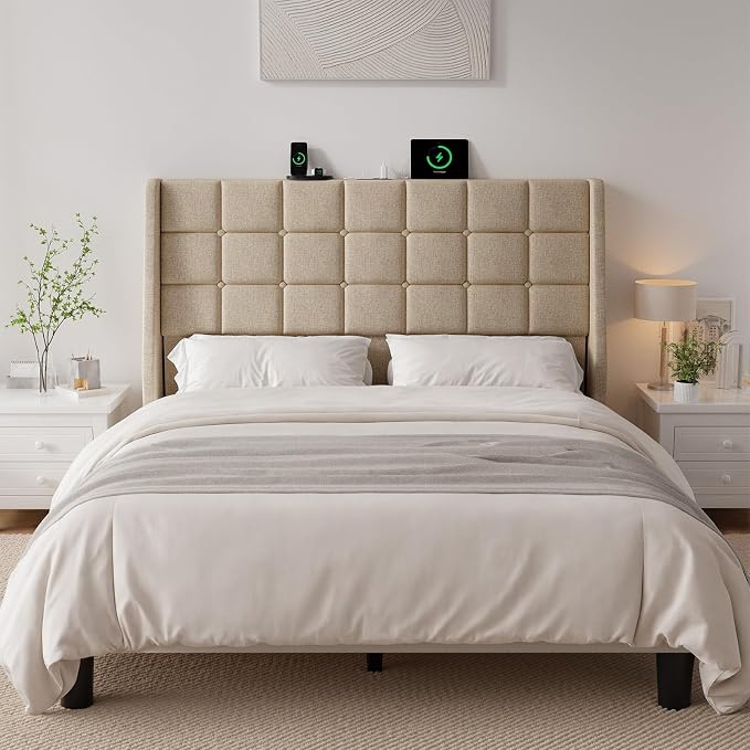 Ergonomic Upholstered Headboard Queen Size w/Charging Station, Linen Wingback Headboards w/Storage Pocket, Queen Headboard Only, Bed Frame Adapters, Sturdy Stable Solid Wood Bed Head Board, Beige