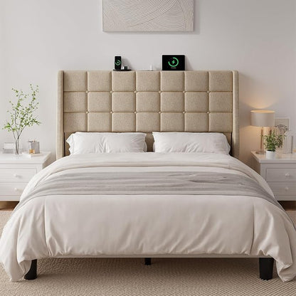 Ergonomic Upholstered Headboard Queen Size w/Charging Station, Linen Wingback Headboards w/Storage Pocket, Queen Headboard Only, Bed Frame Adapters, Sturdy Stable Solid Wood Bed Head Board, Beige