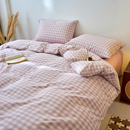 EAVD Vintage Style Gingham Duvet Cover Queen Purple White Soft 100% Washed Cotton Chic Grid Checkered Bedding Set with 2 Pillowcases Farmhouse Purple Plaid Duvet Cover with Zipper Closure