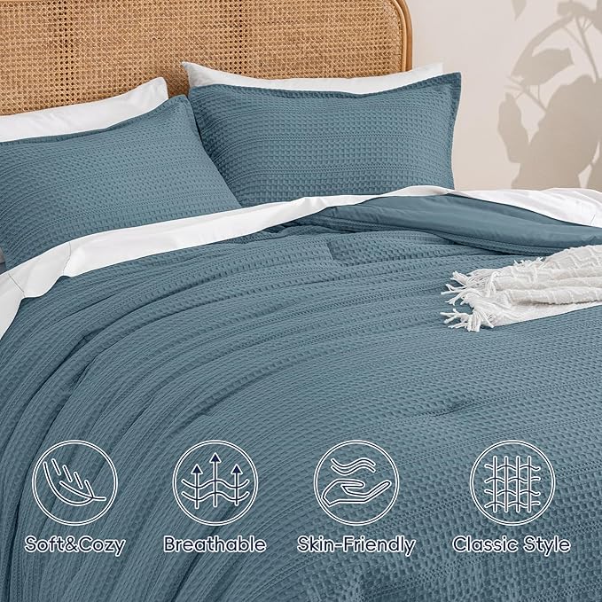 PHF Soft Waffle Comforter Set King Size- Comfy Breathable Waffle Weave Comforter with 2 Pillow Shams, 3 Pieces Less Snagging Lightweight Textured Bedding Set for All Season, Stormy Blue