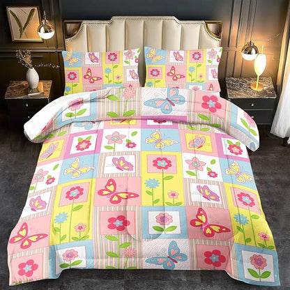Pink Butterfly Kids Comforter Set Full Girls Floral Bedding Set Girls Pink Grid Comforter Kids Quilt Bedroom Decor White Purple Blue Pink Butterfly Bedding Bed Decor